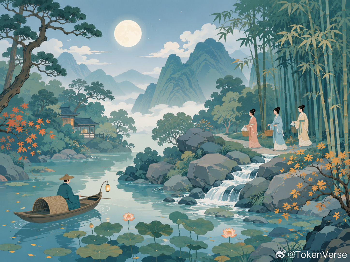 《山居秋暝》王维空山新雨后，天气晚来秋。明月松间照，清泉石上流。竹喧归浣女，莲动