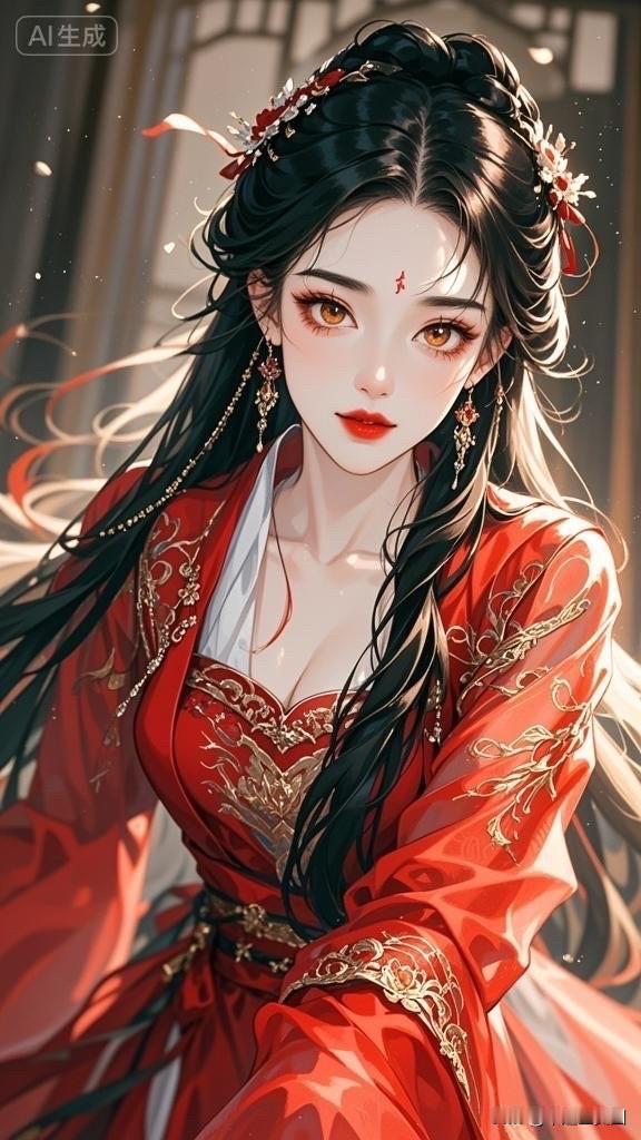 月光下的古典美人，红衣飘逸，韵味十足