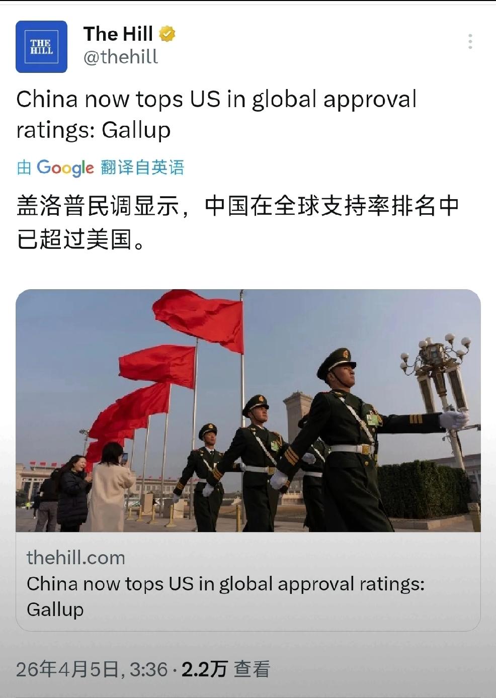美国《国会山报》发文：“盖洛普民调显示，中国在全球支持率排名中已超过美国”
  