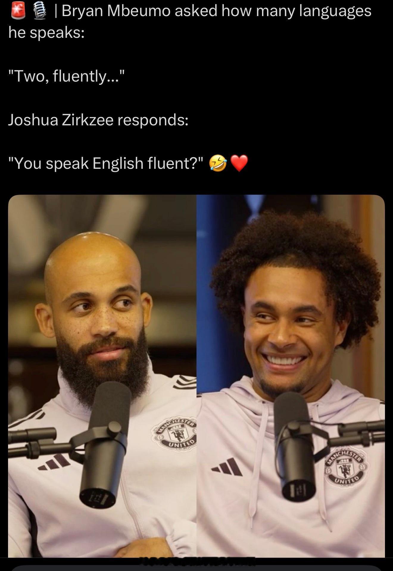 姆贝乌默被问及会几种语言姆贝乌默：两种，说得很流利奇尔克泽：你说英语很流利？哈哈