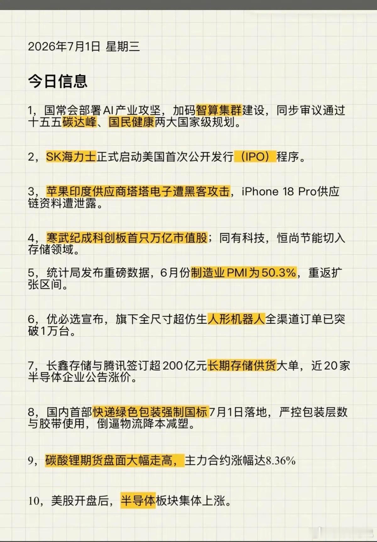 今日看盘 7.01周三  每日财经热点必读！1.智算集群，算力网2.寒武纪3.优