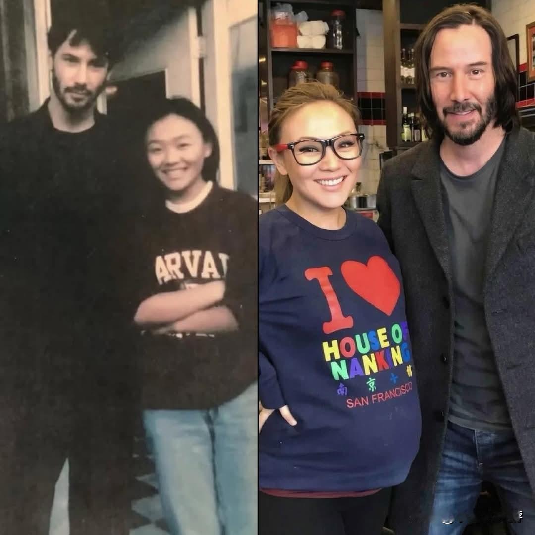 29年后，基努·里维斯与同一位餐厅老板重现了这张照片 。