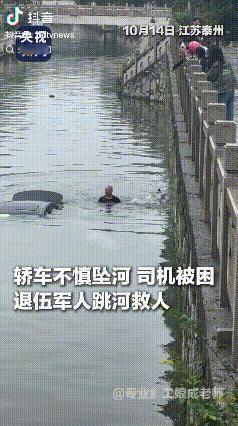 “上央视新闻了！”一辆黑色奥迪轿车为躲闯红灯电动车失控坠入河中，驾驶员被困，危急