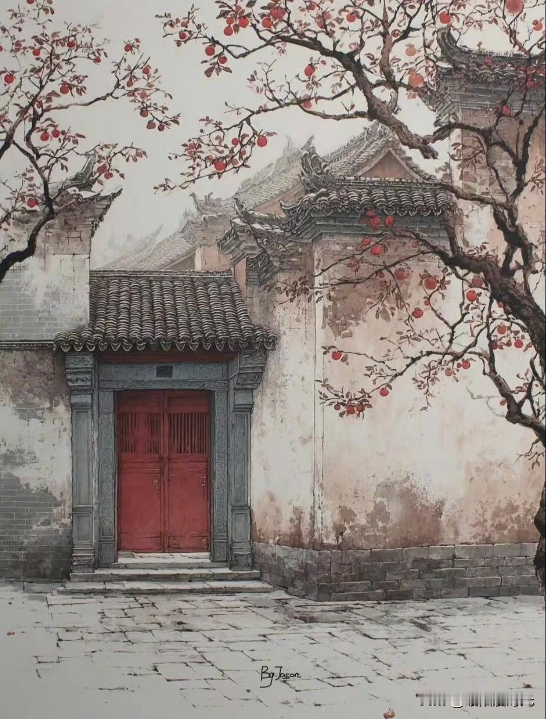 柿红映古巷，红门藏岁月，事事皆如意。
小板凳吉祥祝福插画分享 红红火火柿子树 柿