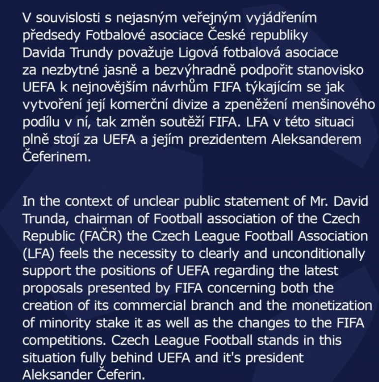捷克职业足球联赛协会发布声明，支持欧足联对FIFA改革方案的立场。“鉴于捷克足球