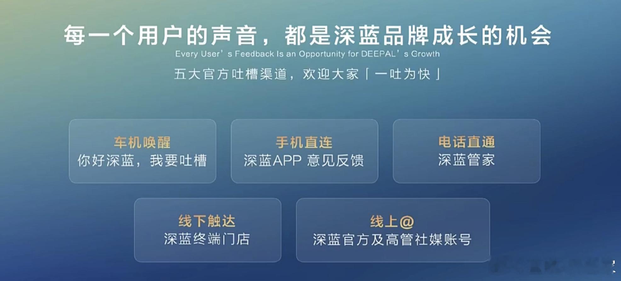 在看深蓝用户日的直播，官方据说为了方便用户反馈问题，开放了5大吐槽渠道：车机、手