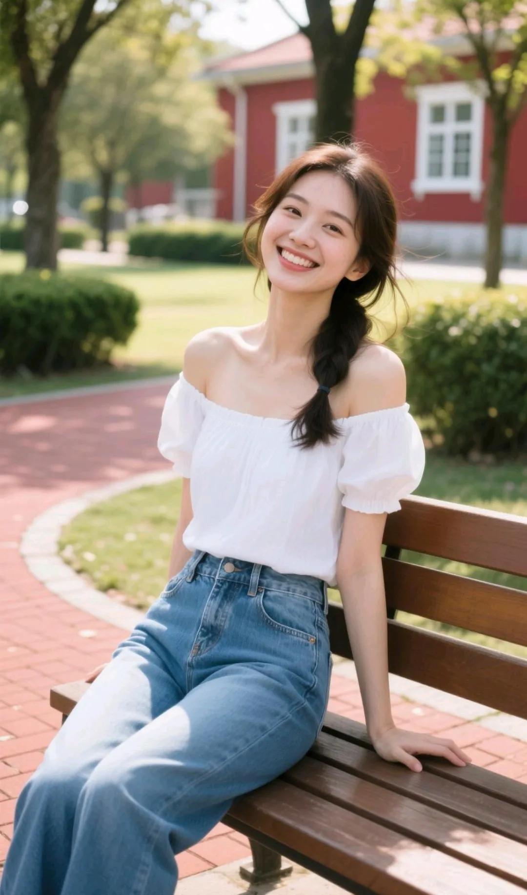 阳光明媚的午后，公园长椅上的甜美笑容。