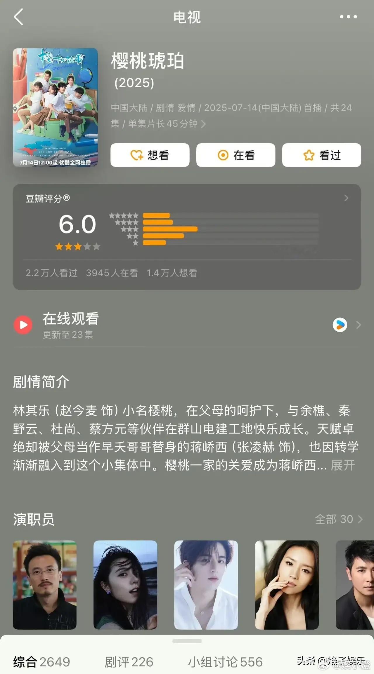 虽说《樱桃琥珀》豆瓣评分是6分，参与评分人数也不算多，乍一看好像没达到特别火爆的
