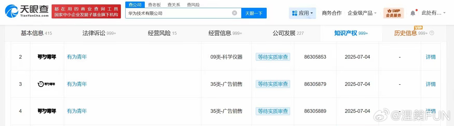 华为技术有限公司申请注册3枚“有为青年”商标，当前商标状态均为等待实质审查。咱就