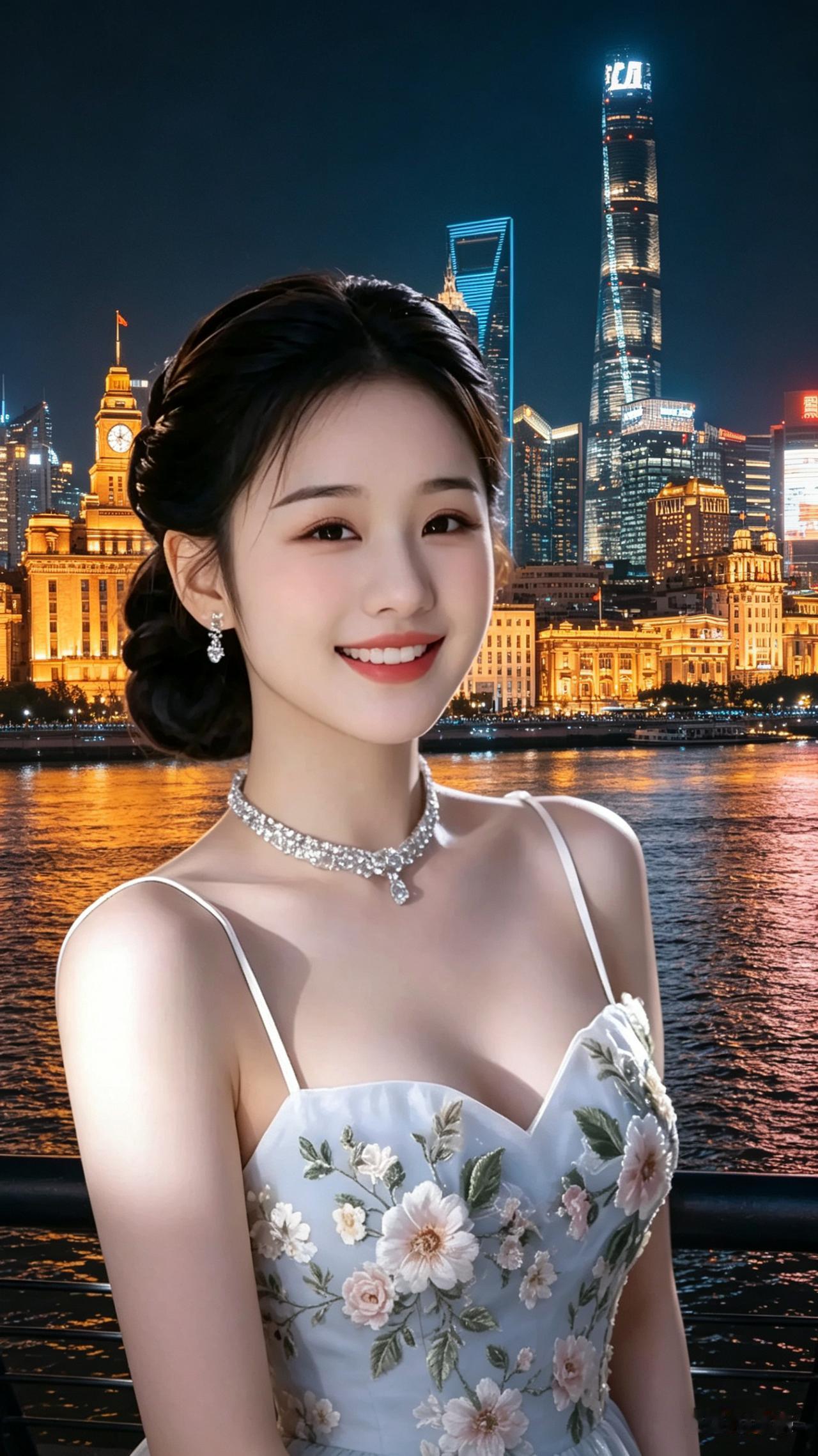 浦江夜艳
浦江灯火耀云天，
倩影亭亭立岸边。
盘发柔婉容颜俏，
珠饰流光映玉颜。