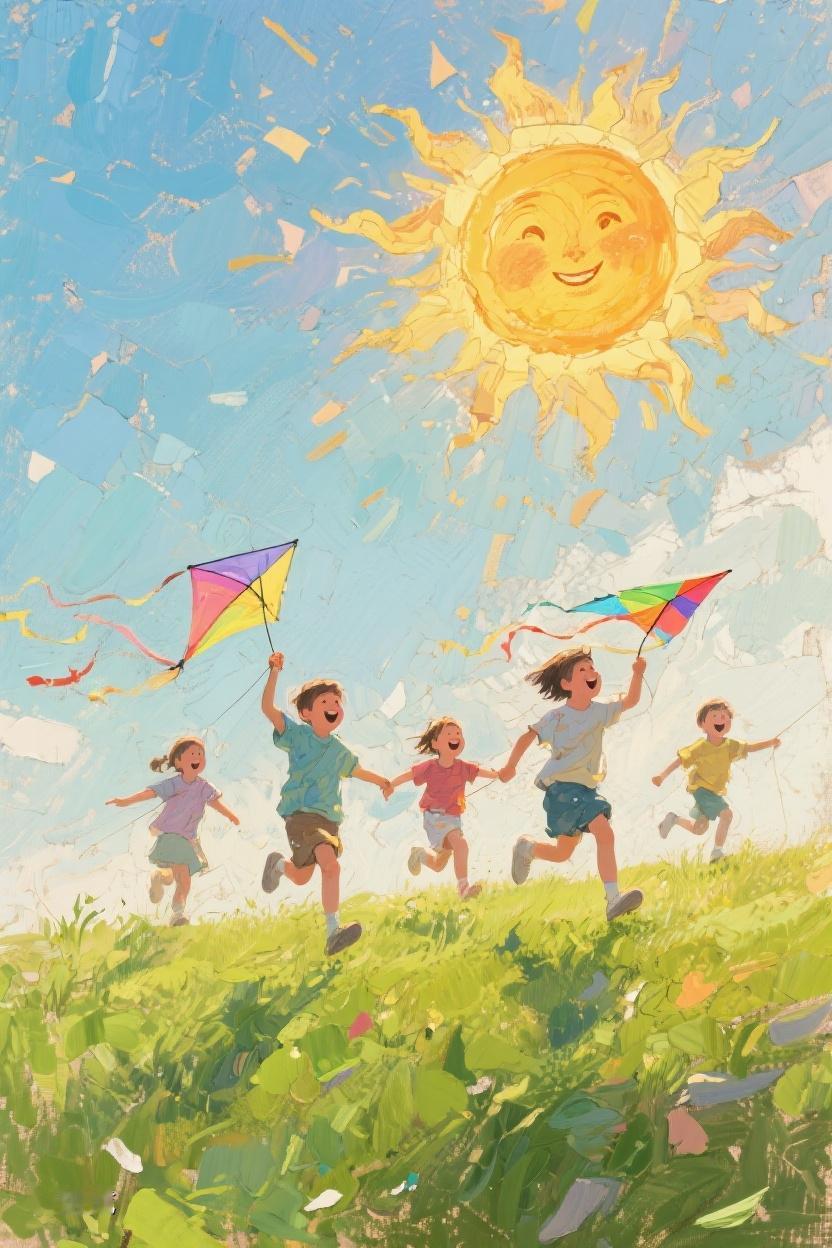 AI随心绘阳光下，孩子们奔跑着放风筝，在这纯粹时光，感受自由与希望的律动💫