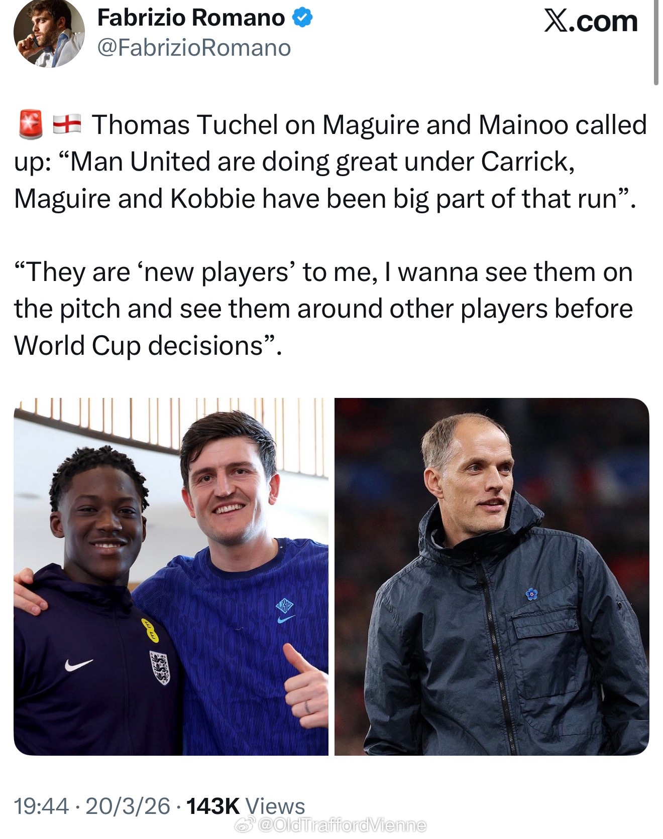 英格兰主帅图赫尔谈招入马奎尔和梅努“卡里克的曼联非常出色，马奎尔和梅努是他们最近