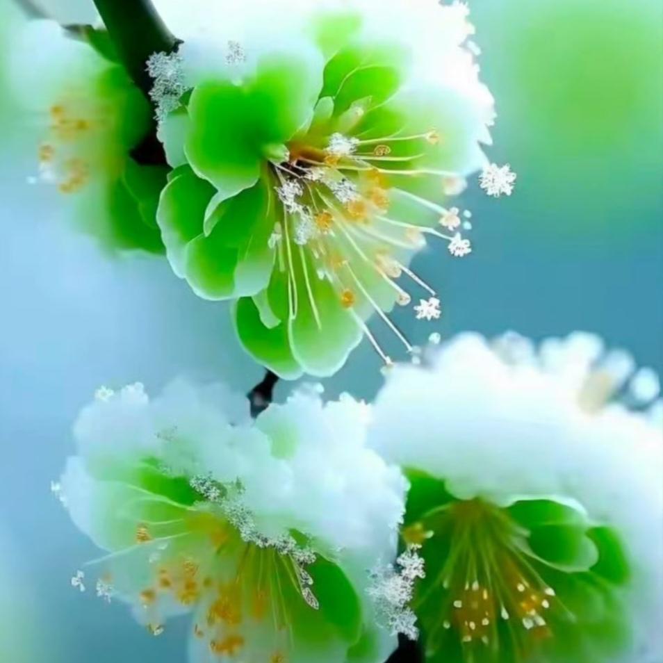赏梅：白雪＊绿梅
有诗赞：
白雪飘飘覆绿梅
绿梅独俏展芳菲
傲骨铮铮雪中立
玉树