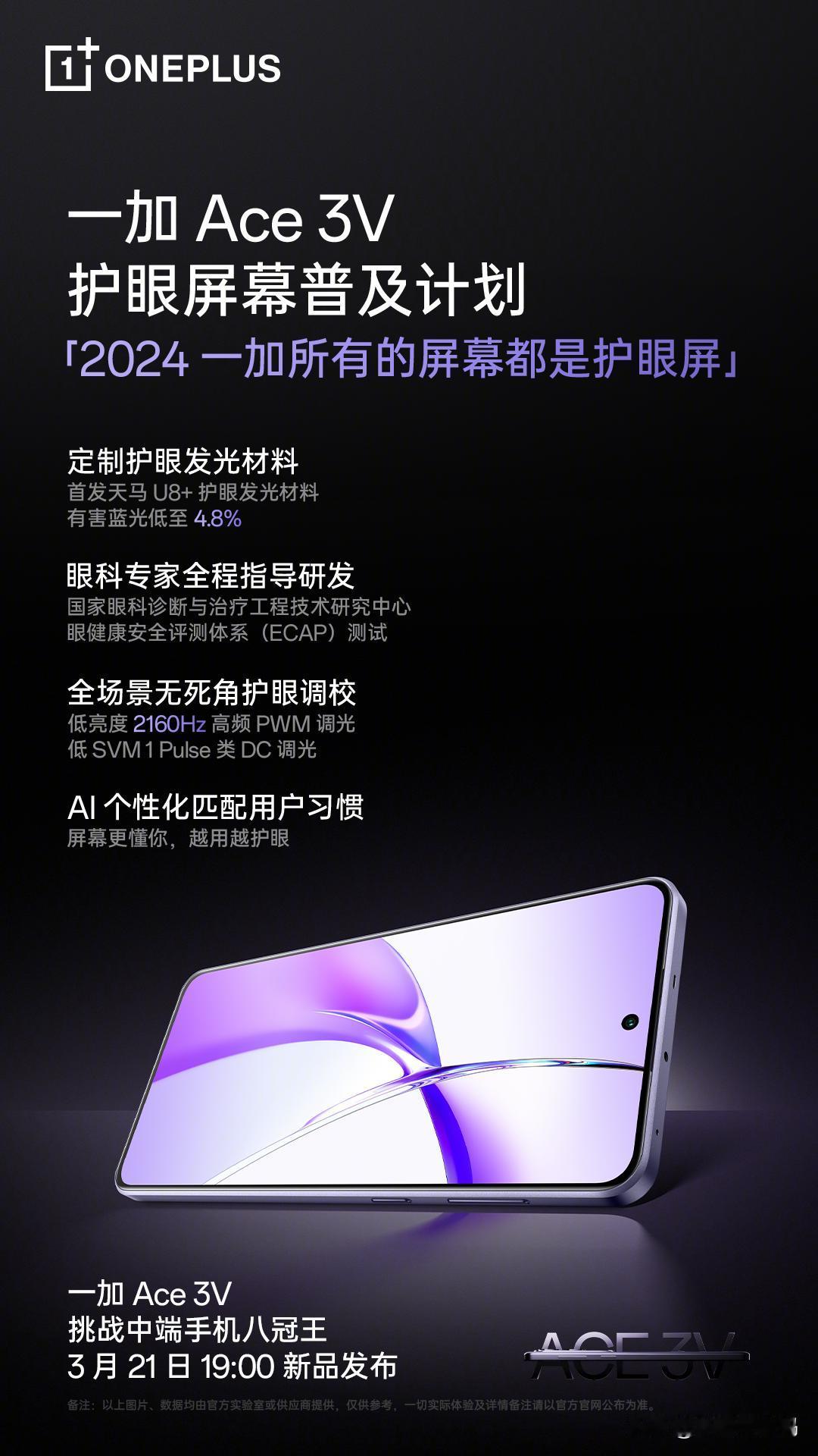 一加Ace 3V的屏幕参数出来了，又是一块1.5K的护眼直屏，挑几个重要的说——