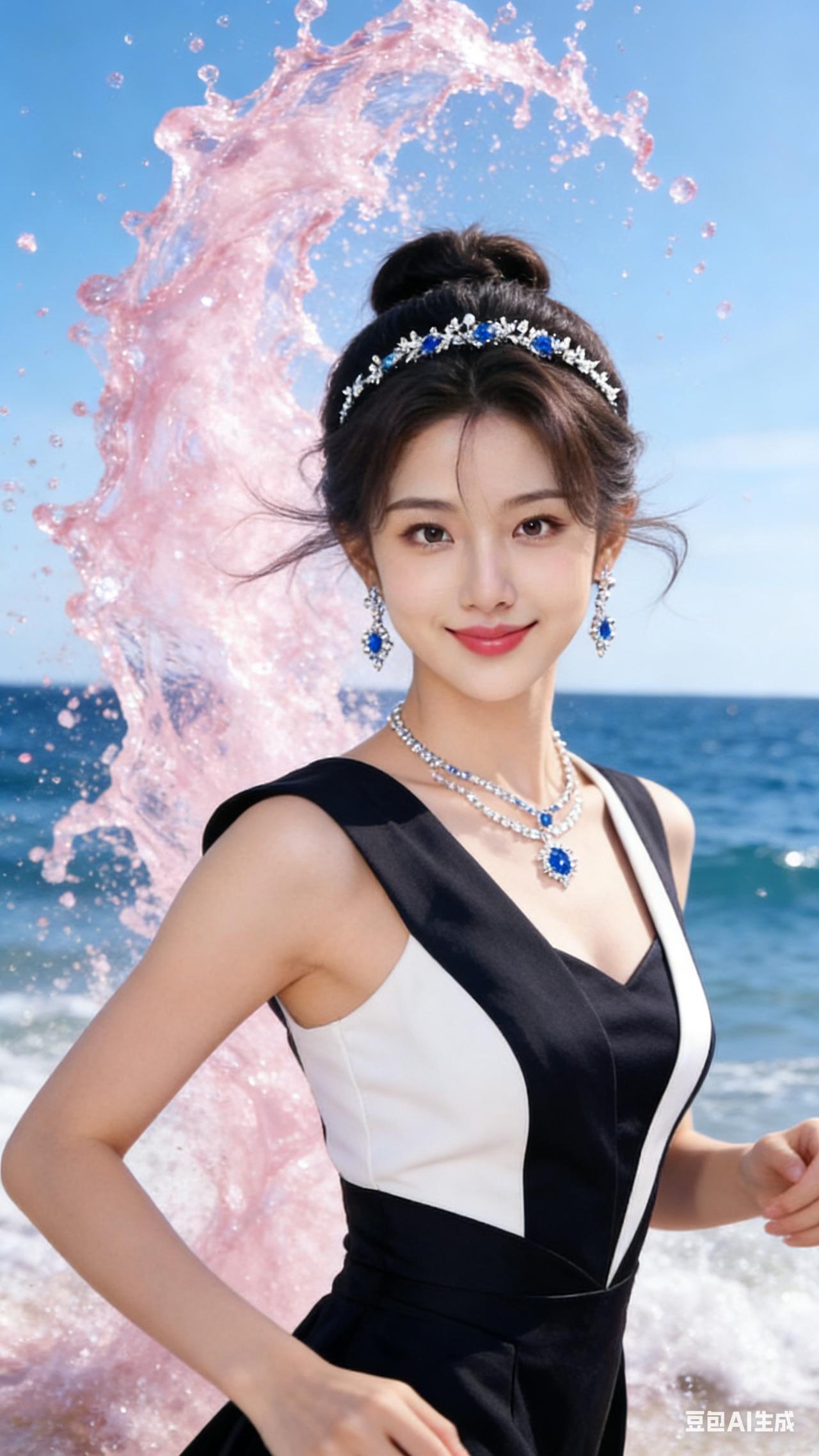 美女身着现代大气动感造型，搭配利落发型，动作舒展自然。背景是大海，粉色水花凌空飞