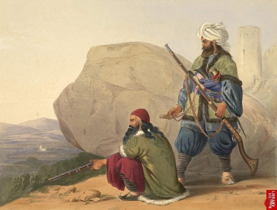 一幅名为《1841年的阿富汗步兵》的石版画，由詹姆斯·拉特雷中尉创作……这幅画是