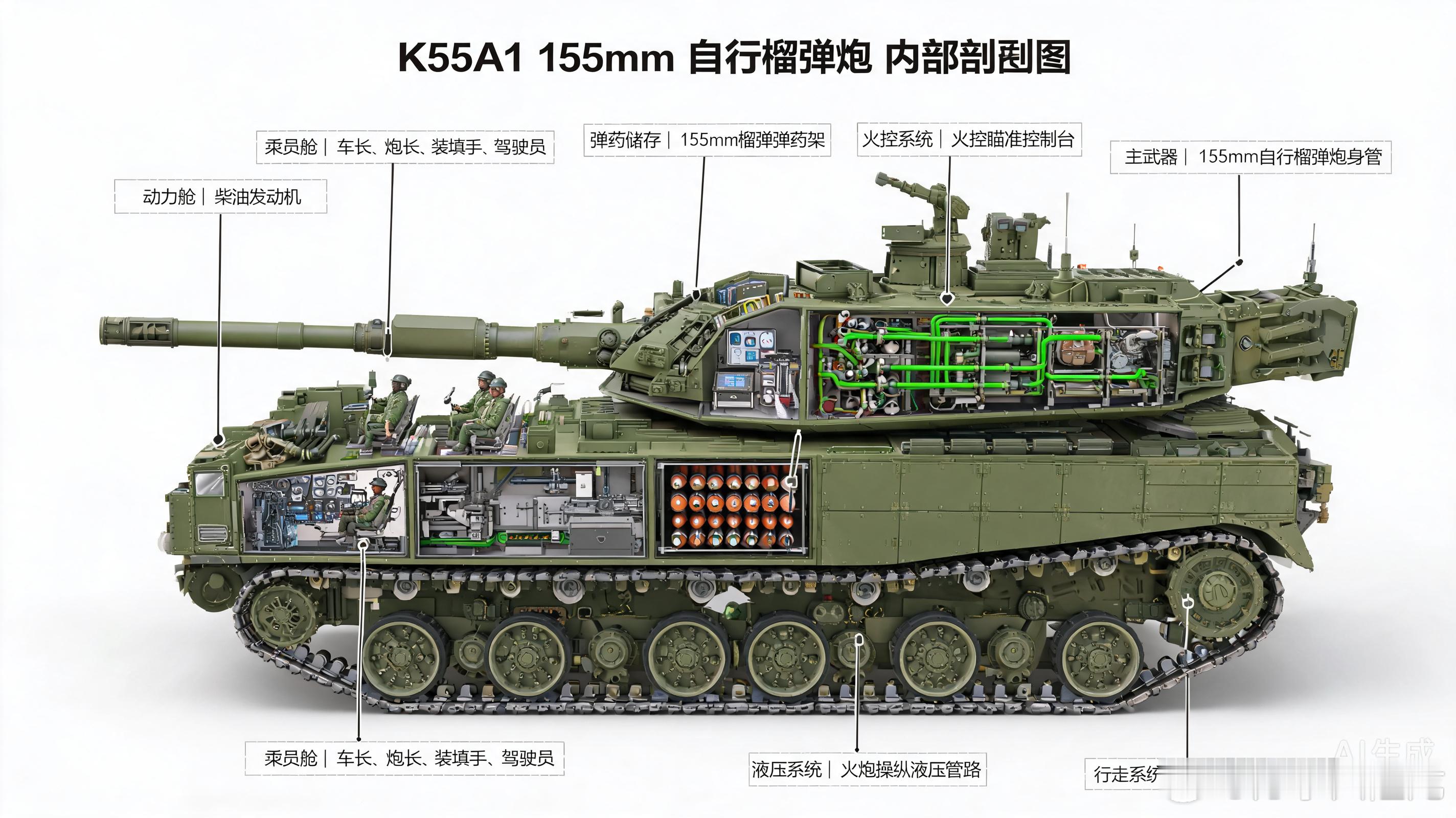 韩国K55A1式155毫米履带自行榴弹炮，由韩国引进美军M109A2技术国产化改