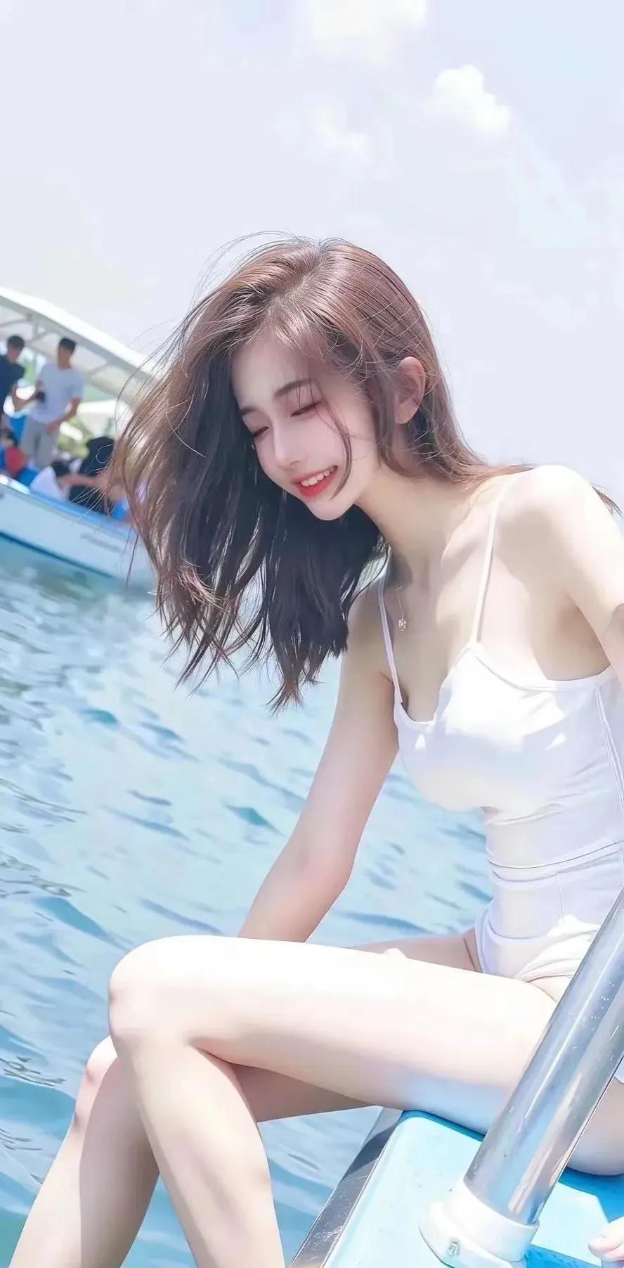 夏日清爽，海边微笑少女