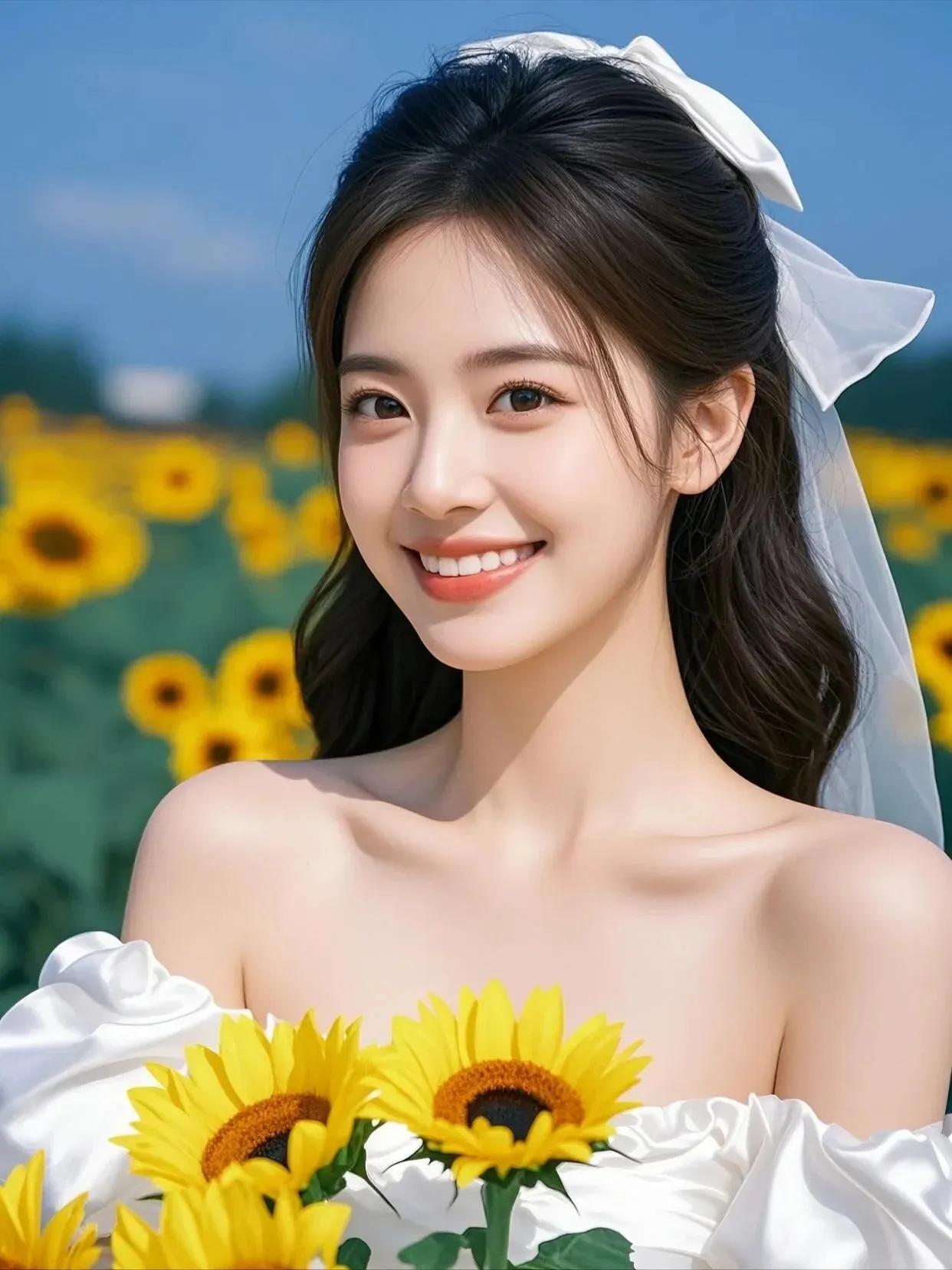 灿烂向日葵与美女，在阳光下，一朵朵灿烂的向日葵仿佛在诉说属于她们的故事；而身边的