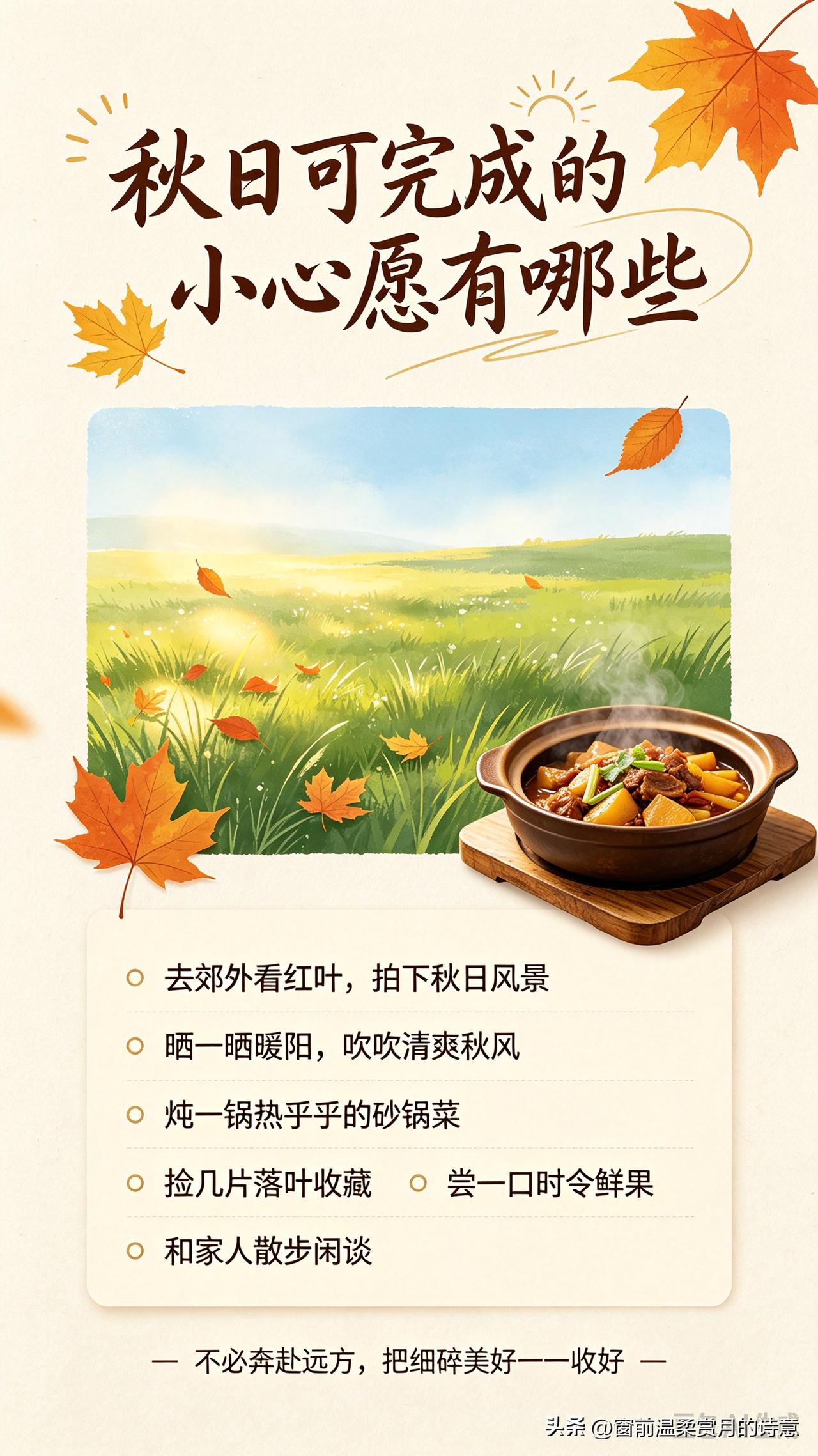 趁秋光正好，慢慢完成这些温柔小小心愿。
去郊外看红叶、遇见成片青草，拍下秋日风景