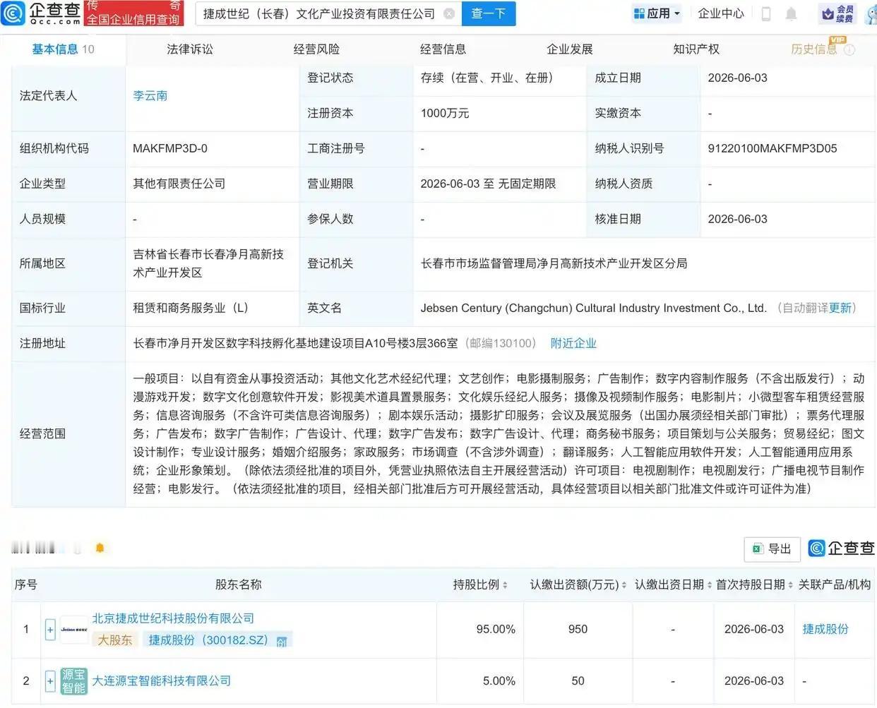 近日，捷成世纪（长春）文化产业投资有限责任公司成立，注册资本1000万元，经营范