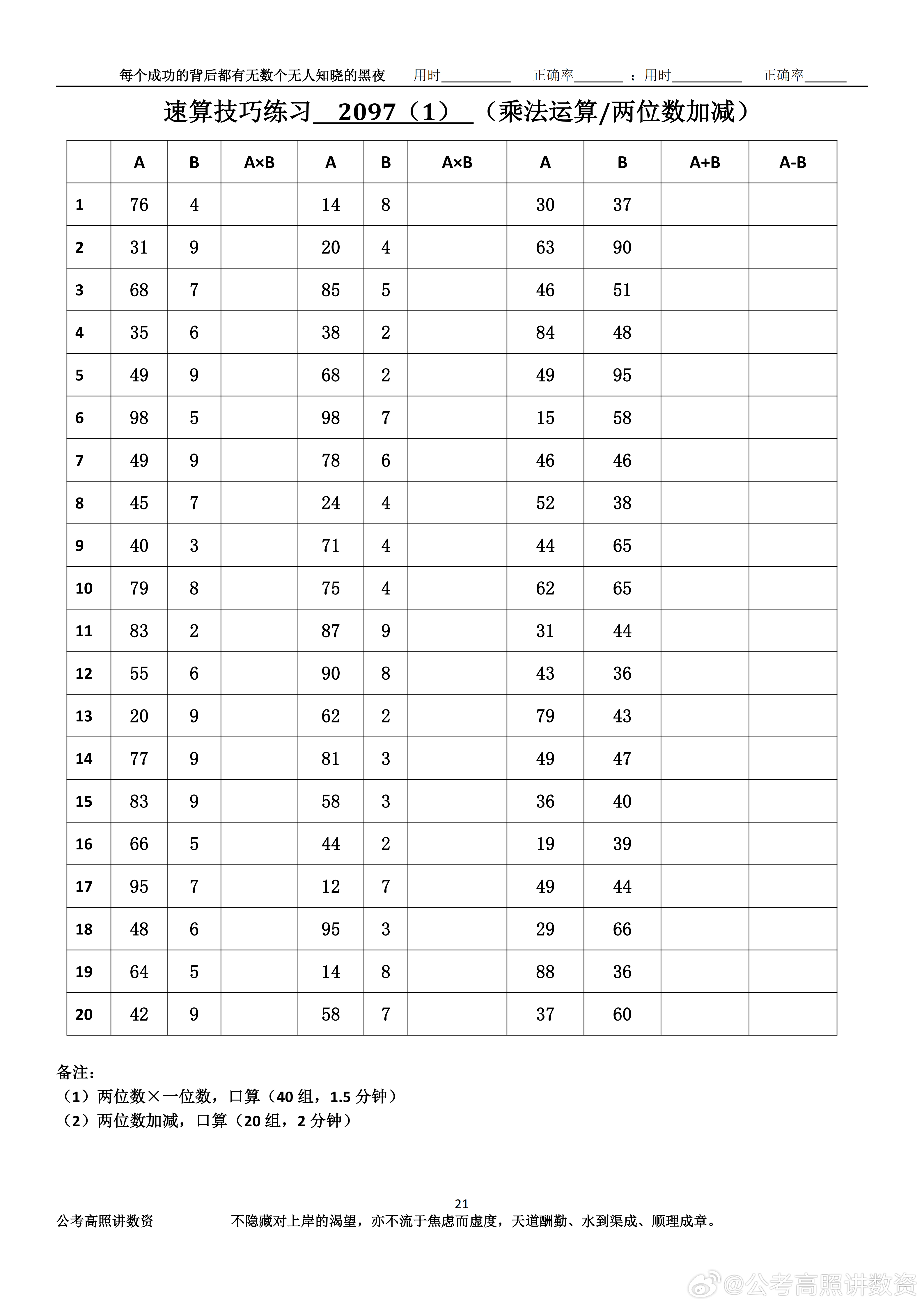跟着高照练速算决战公考  速算练习2097相信自己，努力学习。速算链接汇总：网页