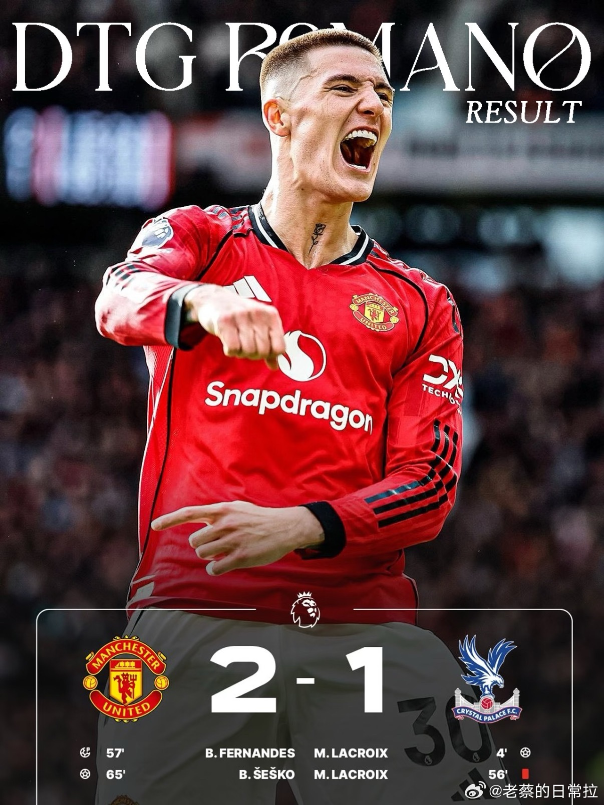 曼联2比1水晶宫 英超赛场曼联2-1逆转水晶宫，先丢球后凭借B费点射扳平、舍什科