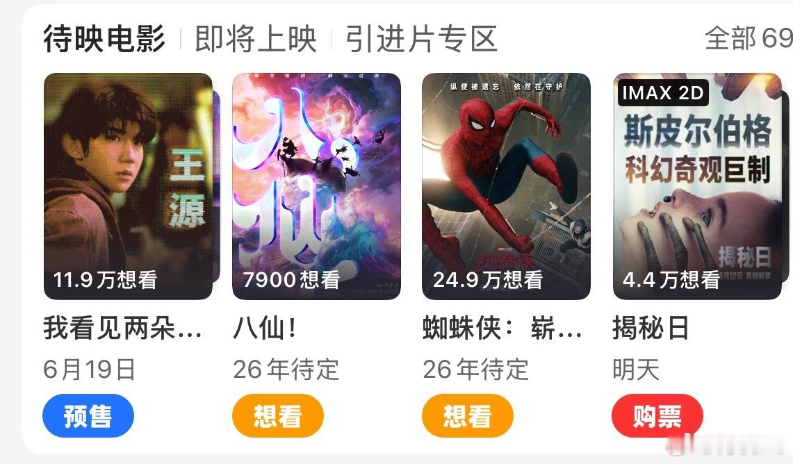 电影《八仙》《蜘蛛侠：崭新之日》有望今天定档，待映列表来到前三位 