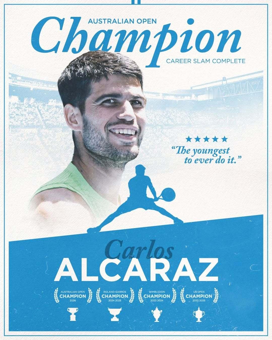 墨尔本的骄阳记得你飞扬起的又一个夏天恭喜阿尔卡拉斯夺得2026年澳网男单冠军💚