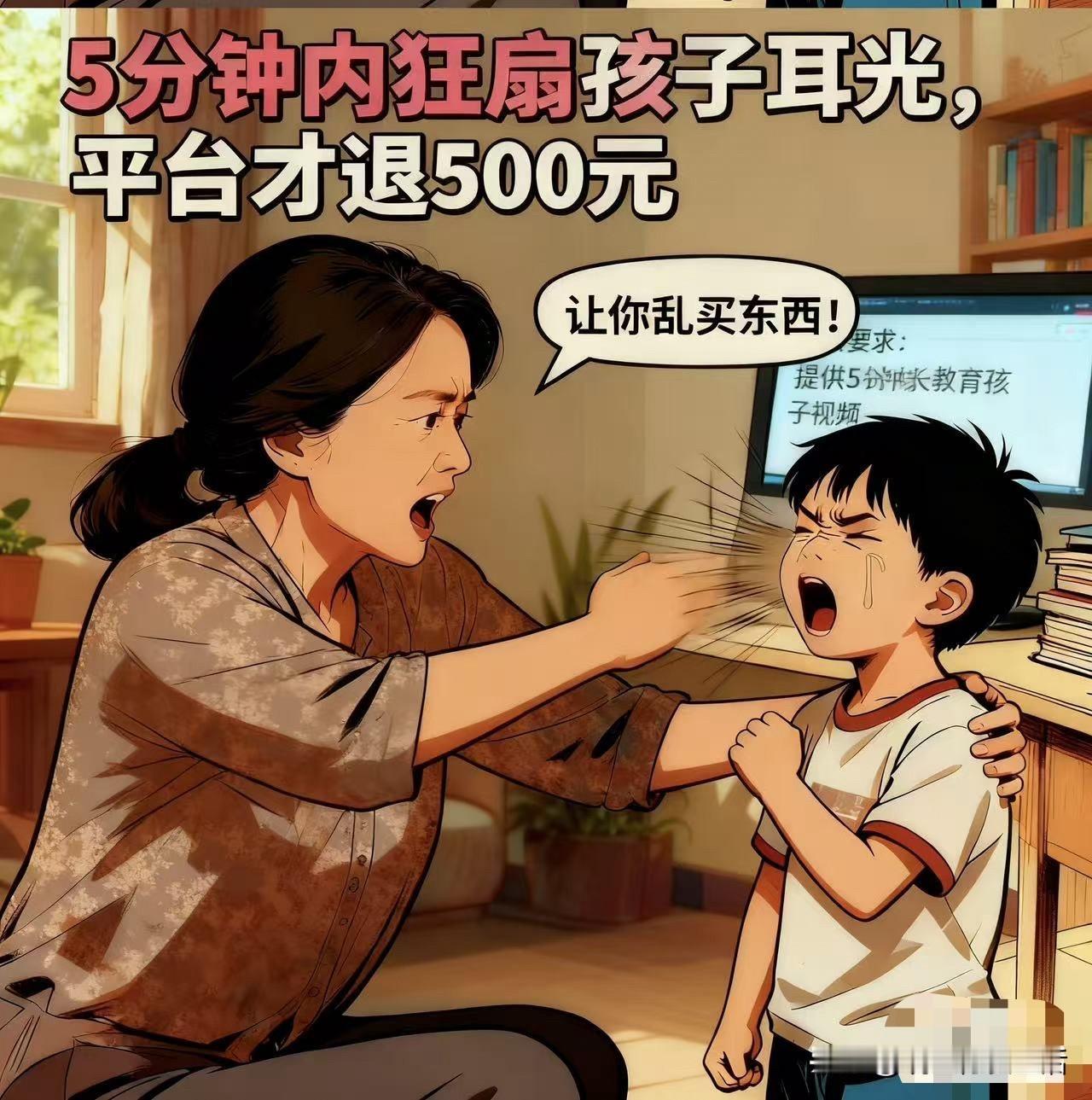 为500元拼了！家长表演打骂孩子5分钟，算不算是拿了高片酬？

退款有价，伤害无