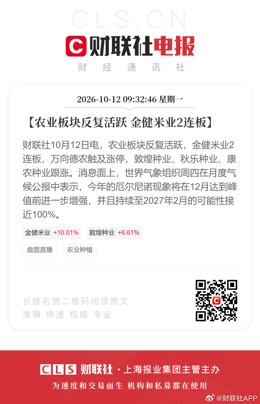 农业股反复活跃金健米业2连板【农业板块反复活跃 金健米业2连板】财联社10月12