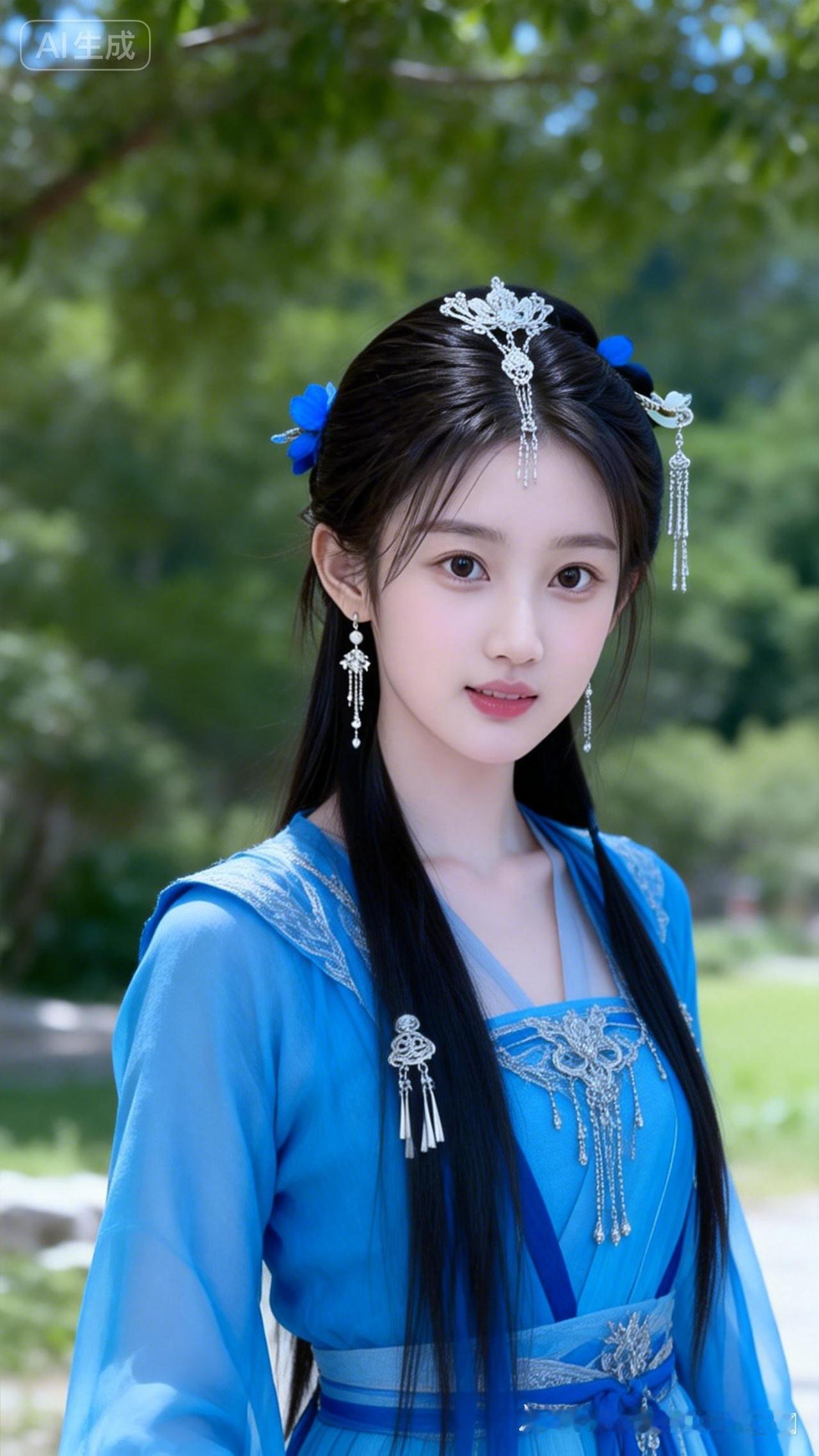 蓝衣仙子踏青来，发间流苏摇曳，眼波含情似水，古韵悠悠醉人心。