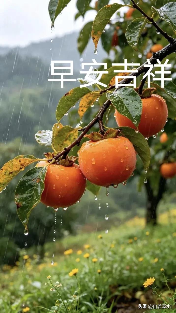  雨露沾红柿，清秋送福来，愿万事称心，平安相伴。
