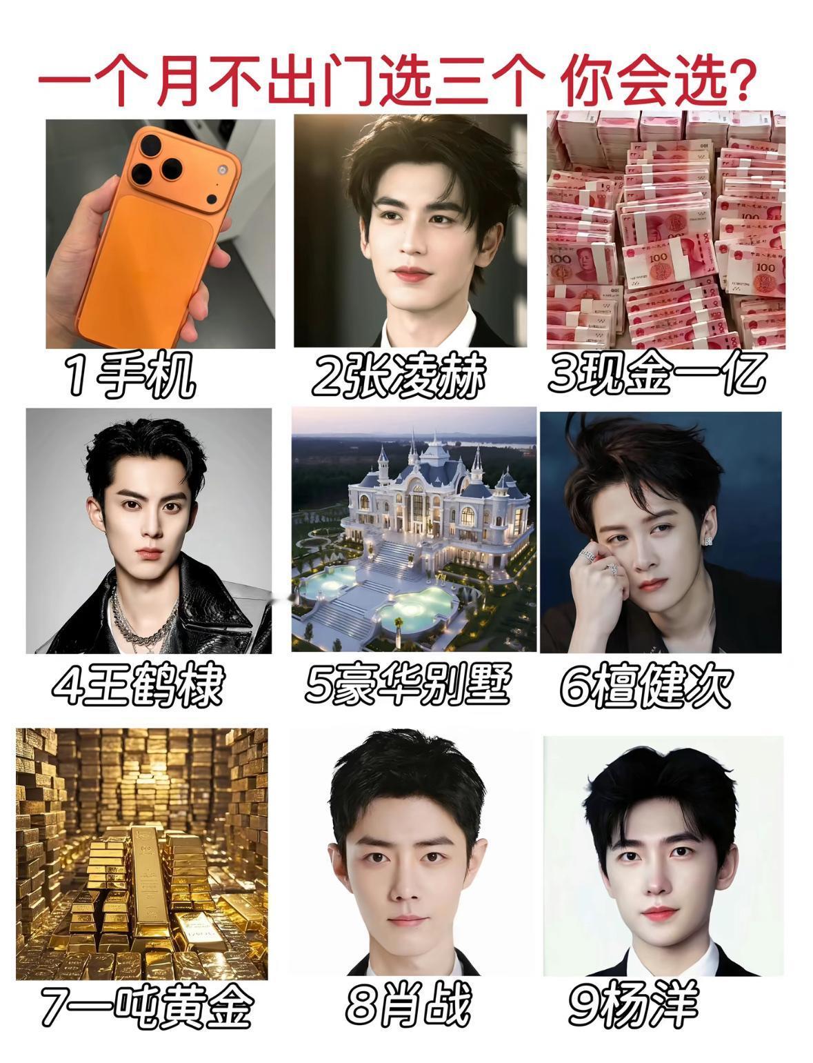 一个月不出门选三个你会选?
1手机	
2张凌赫	
3现金一亿	
4王鹤棣	
5豪