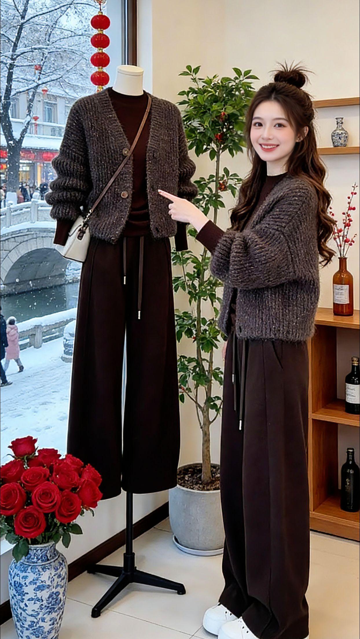 降温后被这套穿搭狠狠戳中！Danny上身的2025新款软糯V领针织开衫+休闲裤套