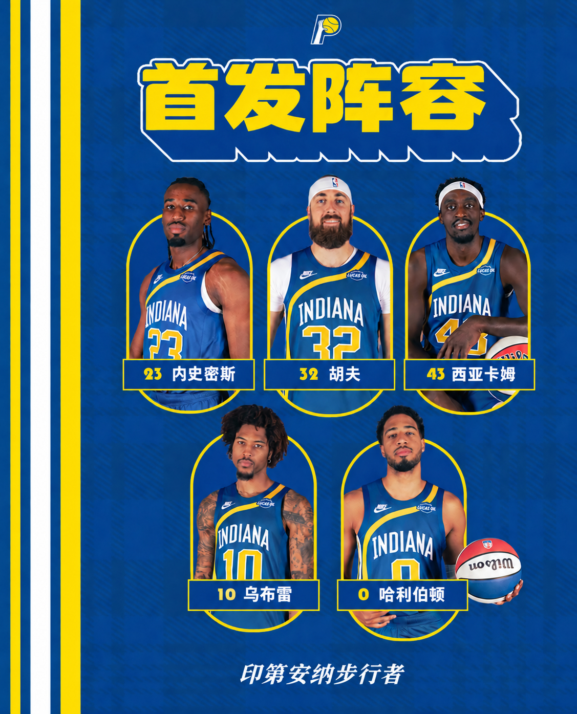对阵雄鹿首发五虎 💙💛23号 内史密斯32号 胡夫43号 西亚卡姆10号 乌