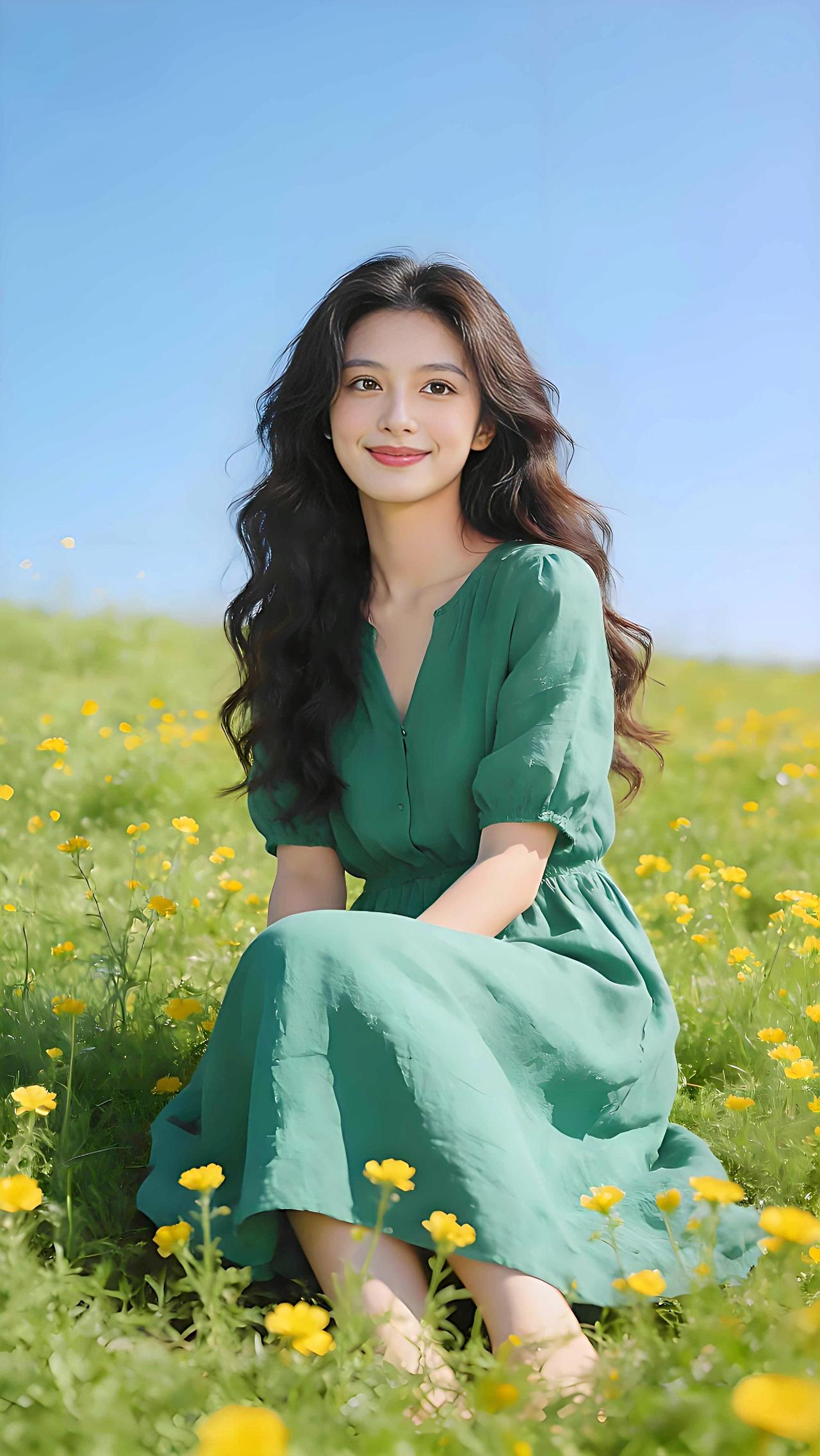 绿裙佳人，花田浅笑。