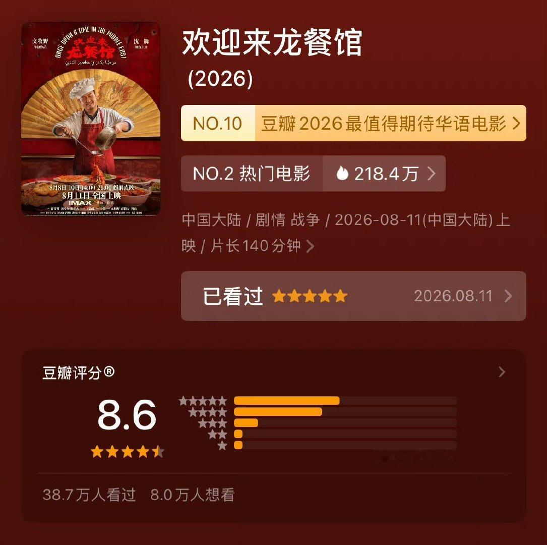 欢迎来龙餐馆持续涨分欢迎来龙餐馆豆瓣持续涨分 已经8.6了！ 