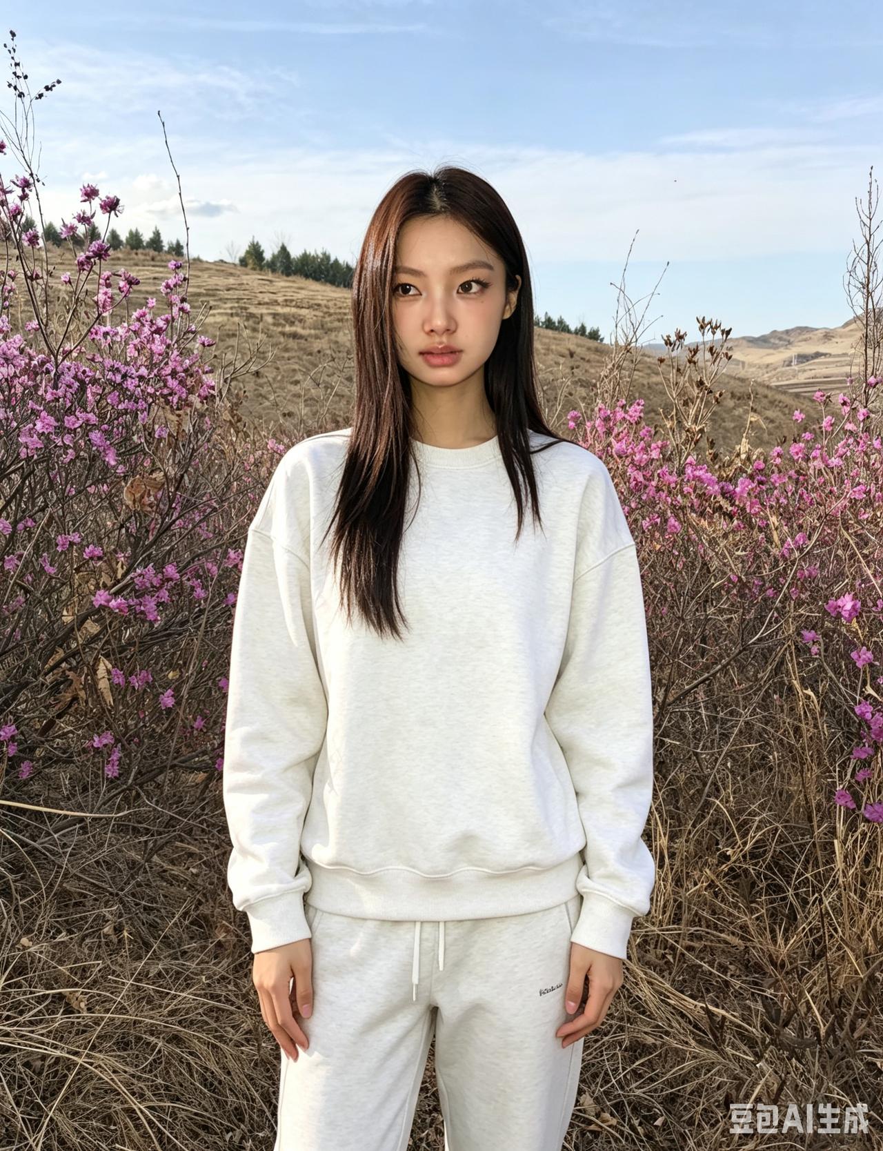 山光如洗映晴川，浅紫芳丛绕玉肩。
不借丹青描秀色，天然风骨自嫣然。