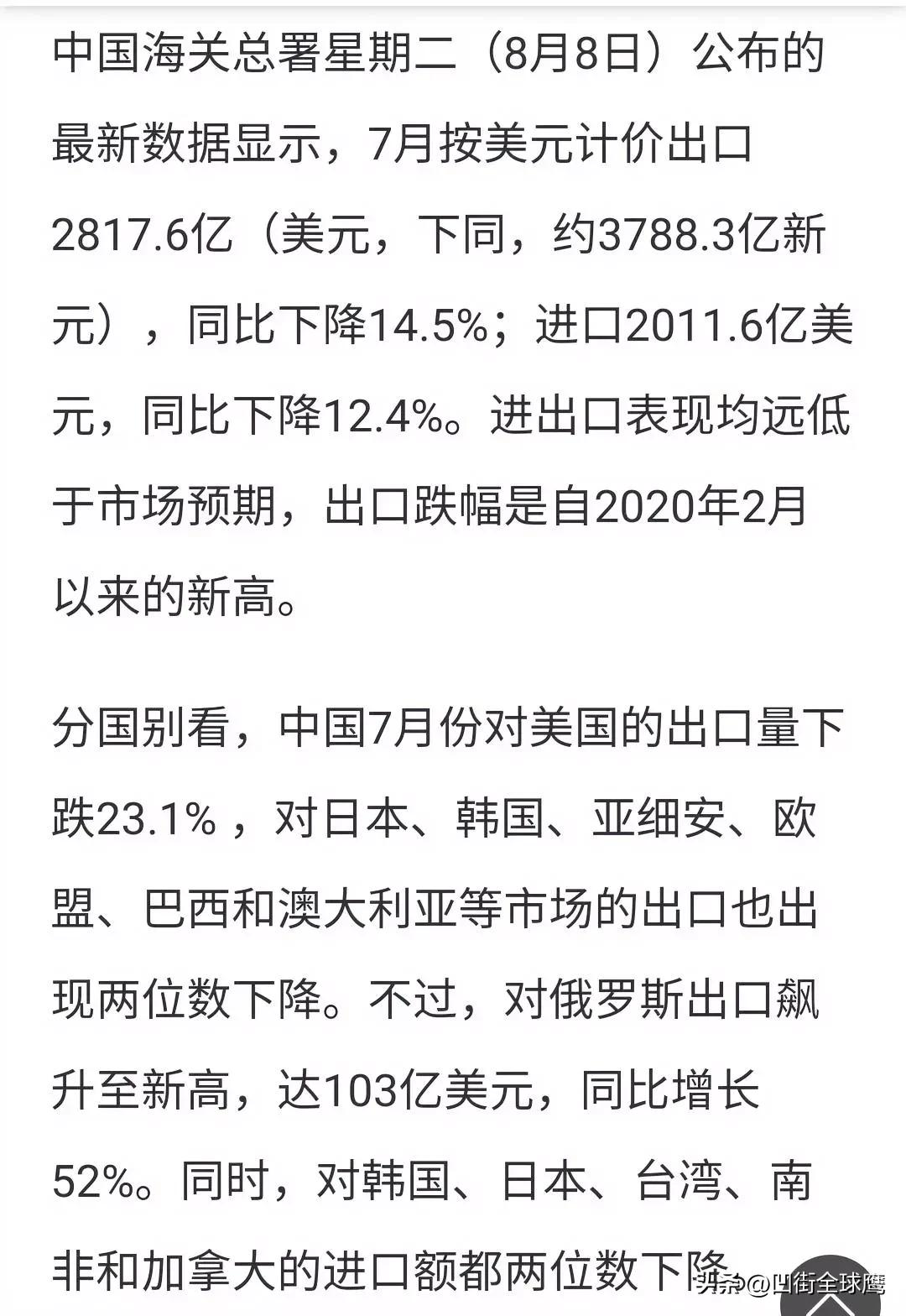 贸易看关系。
7月，我们对美国贸易出口量下跌23.1%。对俄贸易出口飙升至新高，