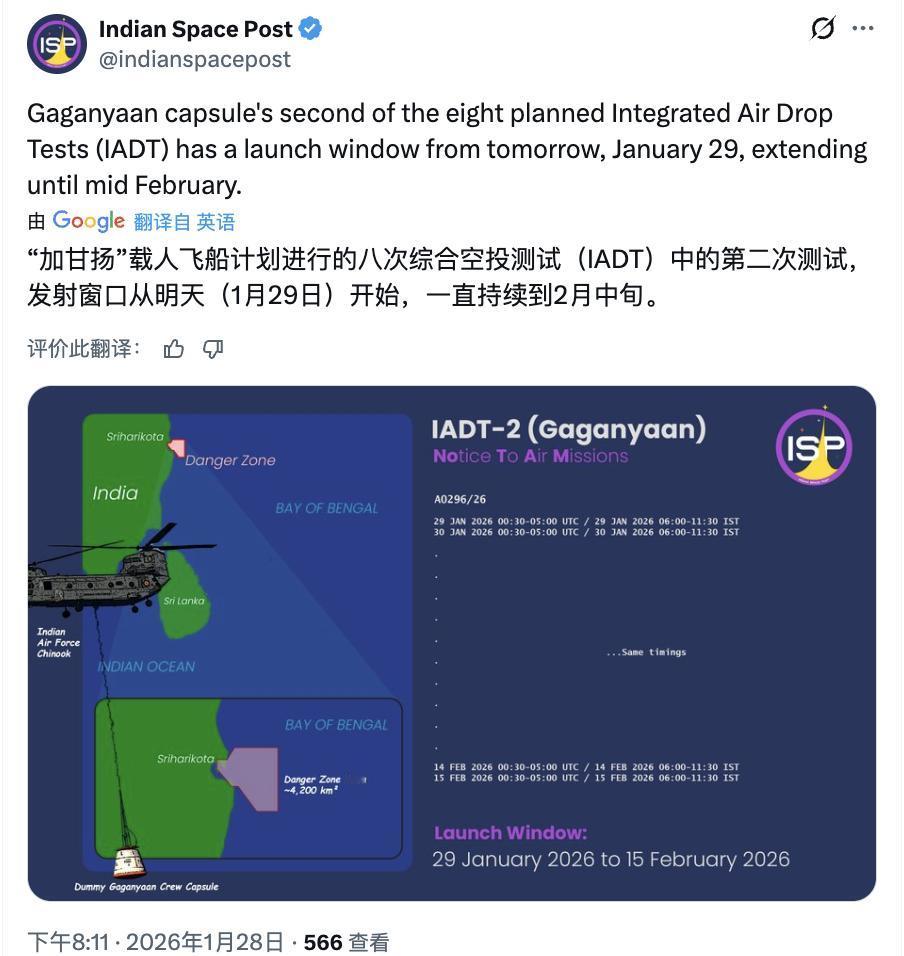 三哥准备进行第二次“加甘扬”载人飞船计划陆地空投测试
印度空间研究组织（ISRO