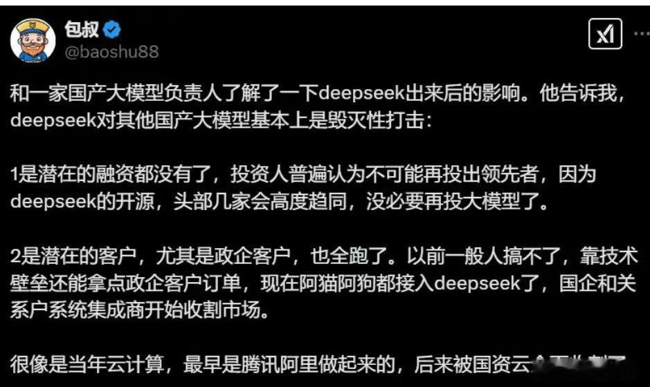 DeepSeek 的出现，对国内很多大模型厂商 是毁灭性打击 