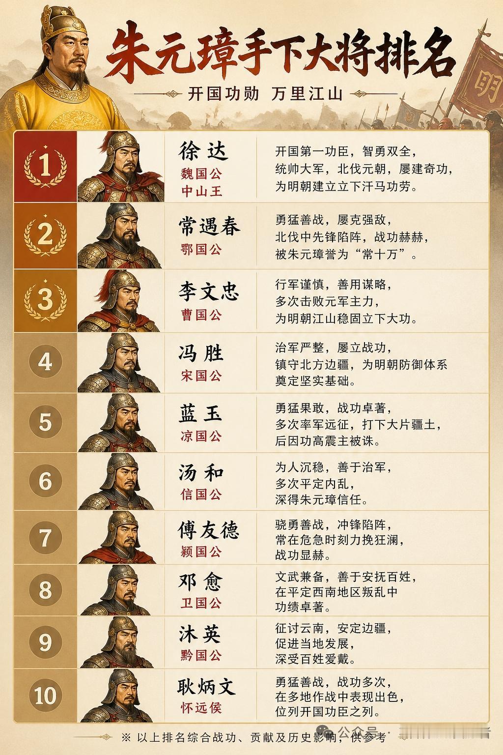 头条创作训练营 朱元璋手下名将如云，排名也很有看头。
徐达排第一没话说，他是朱元