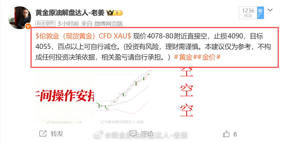 黄金布局4080抄顶空单，最低已经抵达4046位置，我们的目标4055依旧不出意