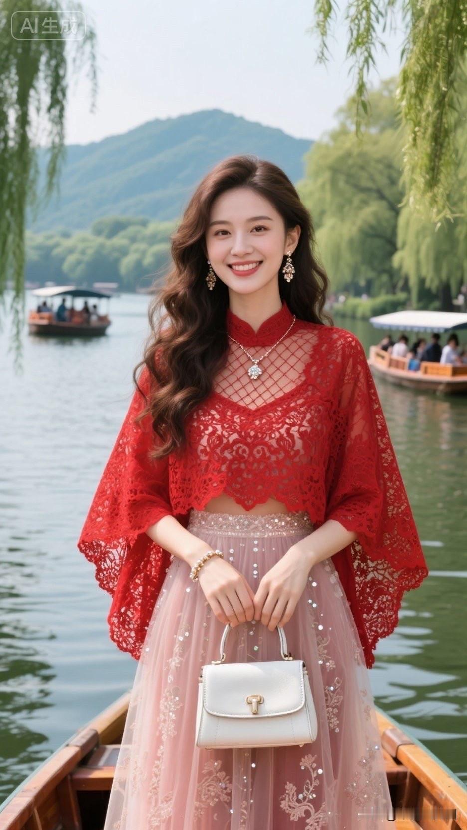 在西湖边，穿红纱裙的仙女🌸💃🏻