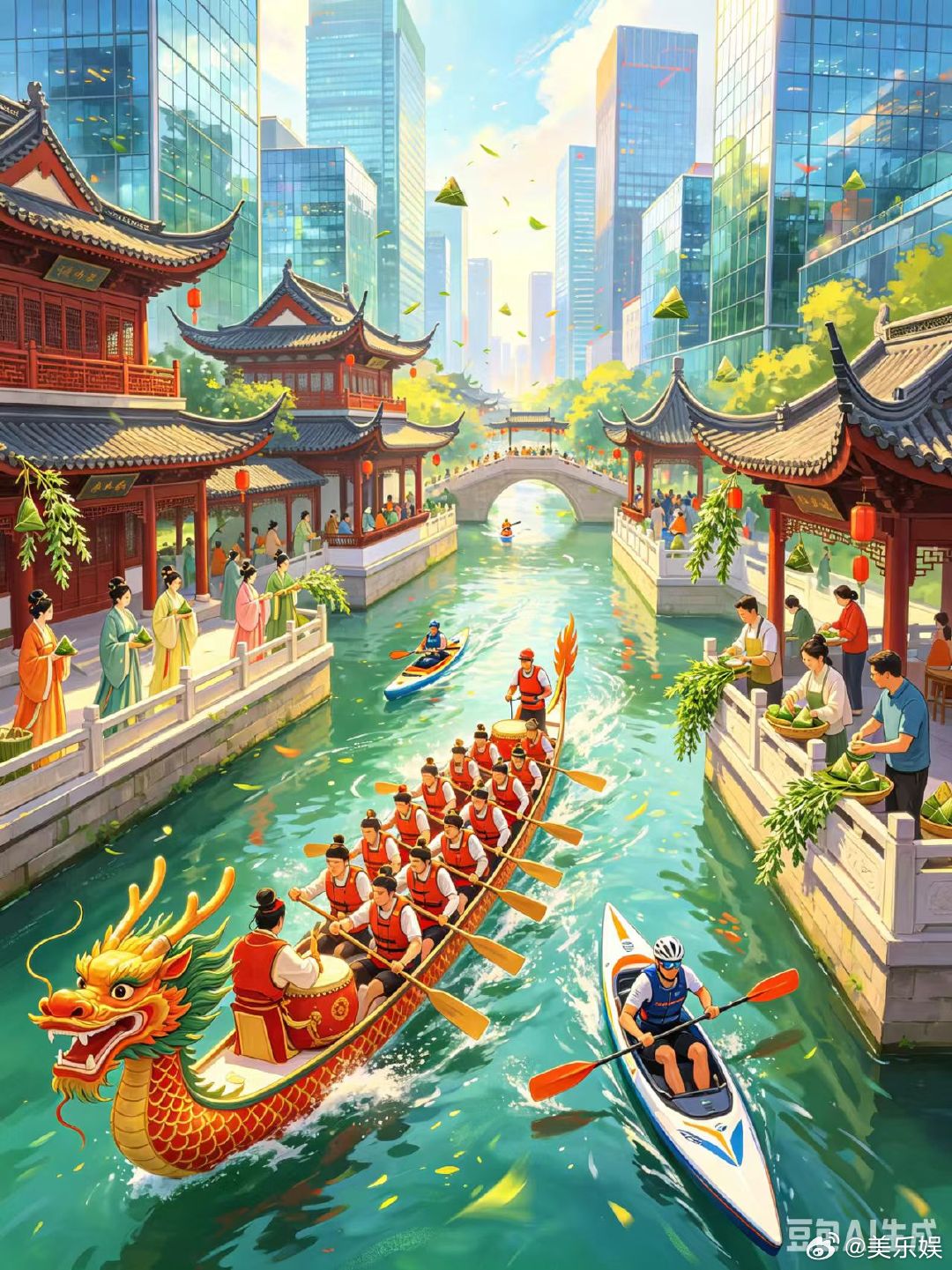 假如古代人在端午节穿越现代曾经江上锣鼓喧天的龙舟竞渡，如今搭配灯光、航拍与线上直