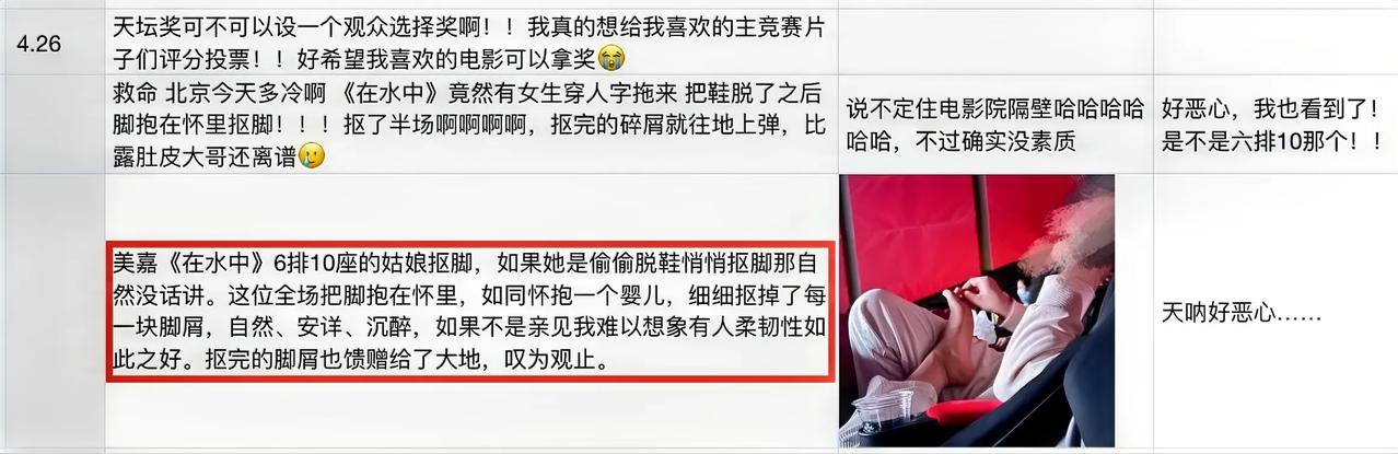 4月26日，三里屯美嘉欢乐影城。一名女观众在看电影《在水中》时，翘起了二郎腿，将