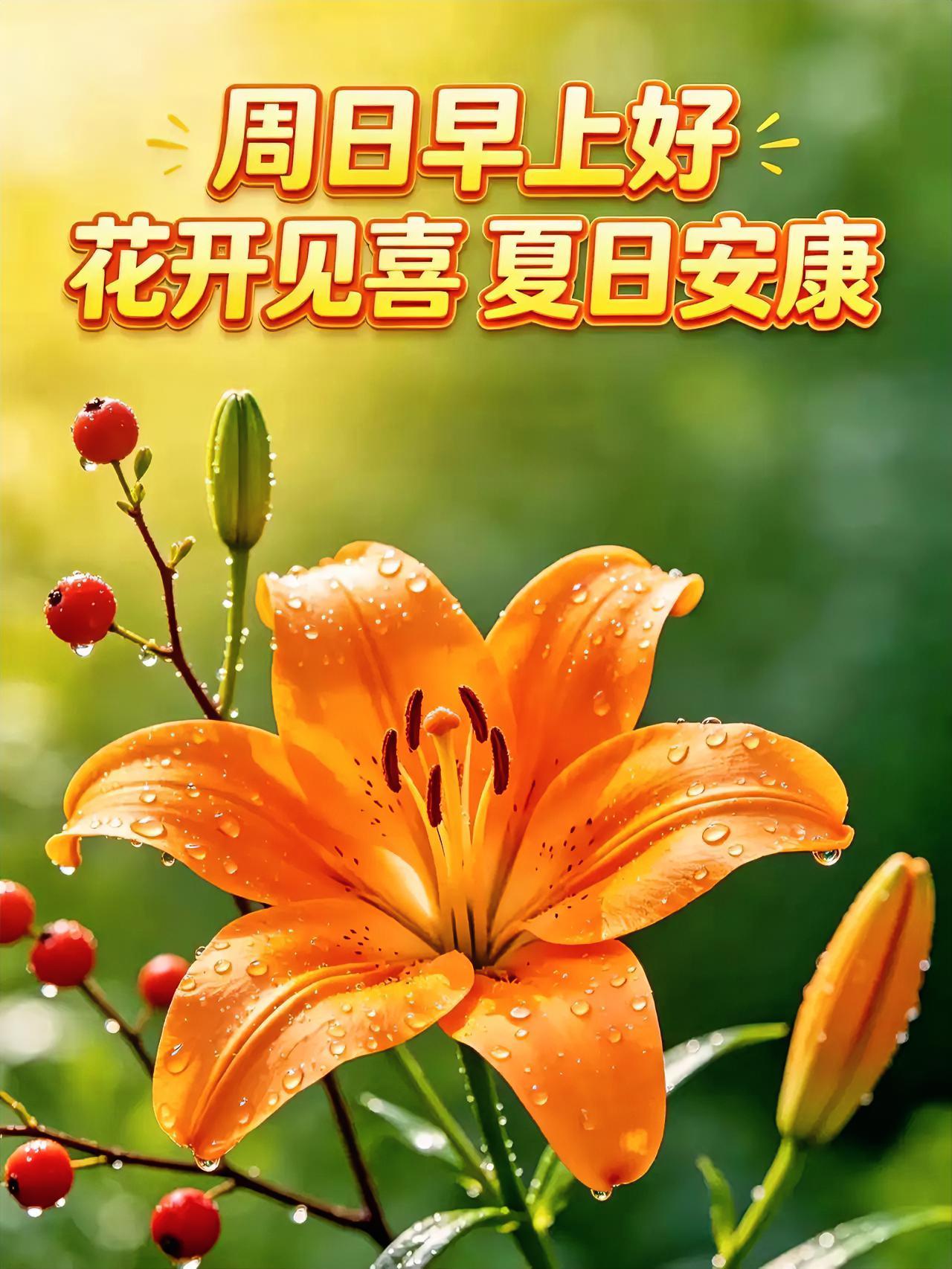 周日早安！晨光倾洒在橙色百合上，露珠闪烁灵动光芒。花开遇喜，愿夏日顺遂安康，收下