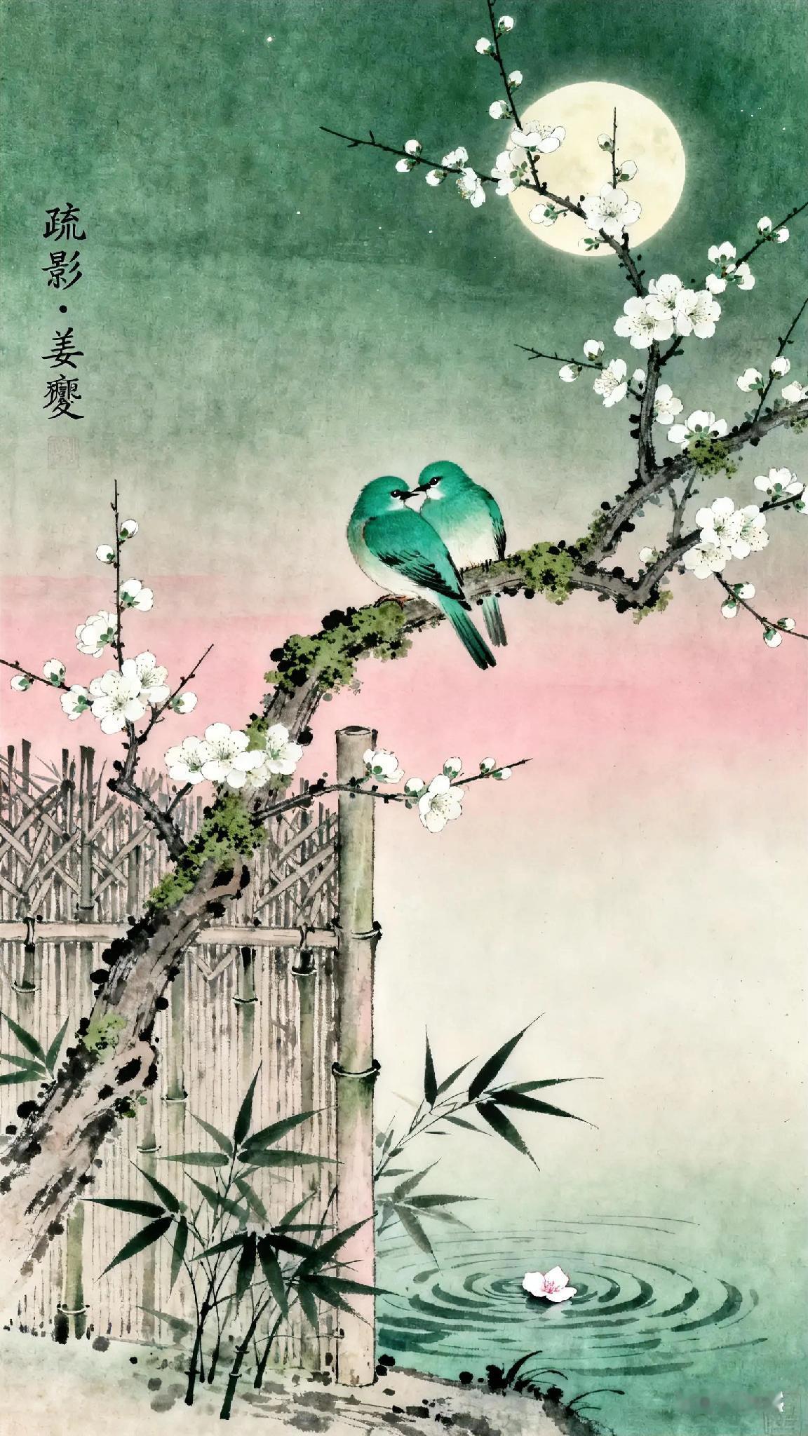 《疏影》宋、姜夔。
苔枝缀玉，有翠禽小小，枝上同宿。

客里相逢，篱角黄昏，无言