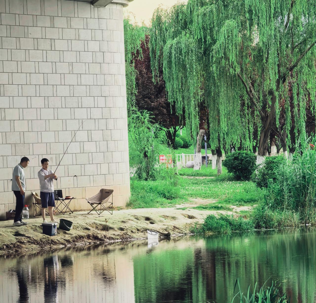 岸边垂柳把影子浸在水里，
钓桶里矿泉水还有点凉意；
连风都放慢了脚步，
怕惊扰钓